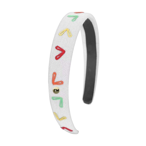 Denim Colored Hearts Embroidery Hard Headband (White)