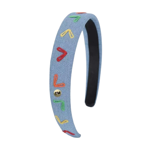 Denim Colored Hearts Embroidery Hard Headband (Chambray)