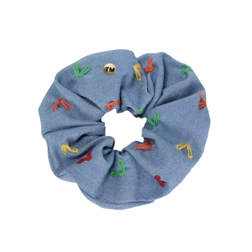 Denim Colored Hearts Embroidery Scrunchie (Chambray)
