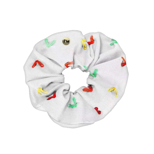 Denim Colored Hearts Embroidery Scrunchie (White)
