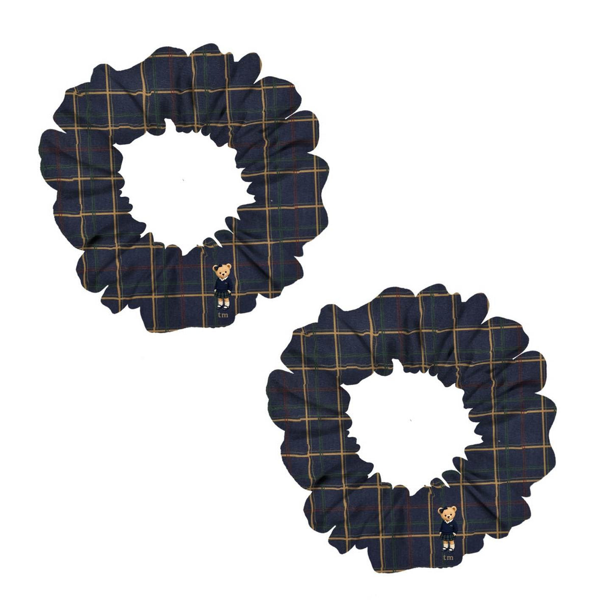 FW26 Tartan Bear Patch Printed Collection Mini Scrunchie Set of 2 (Navy)