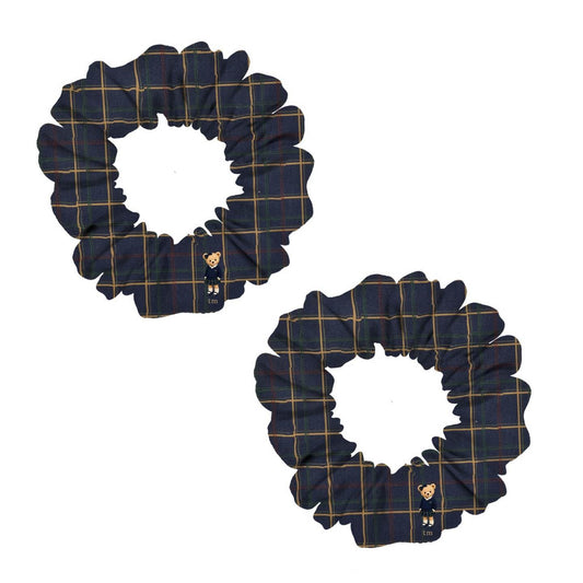 FW26 Tartan Bear Patch Printed Collection Mini Scrunchie Set of 2 (Navy)