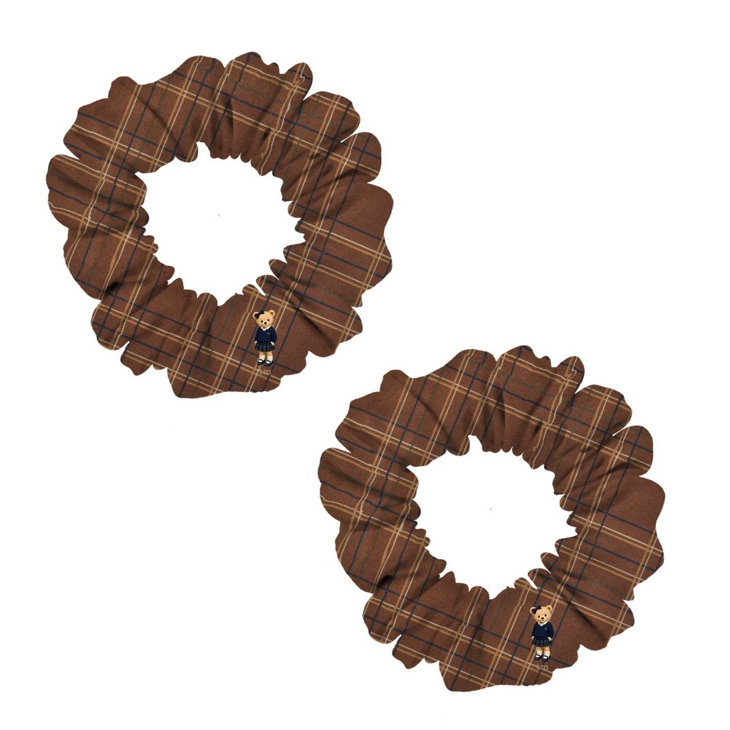 FW26 Tartan Bear Patch Printed Collection Mini Scrunchie Set of 2 (Brown)