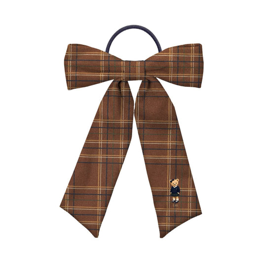 FW26 Tartan Bear Patch Printed Collection Long Tail Bow Sewn onto Pony Holder (Brown)