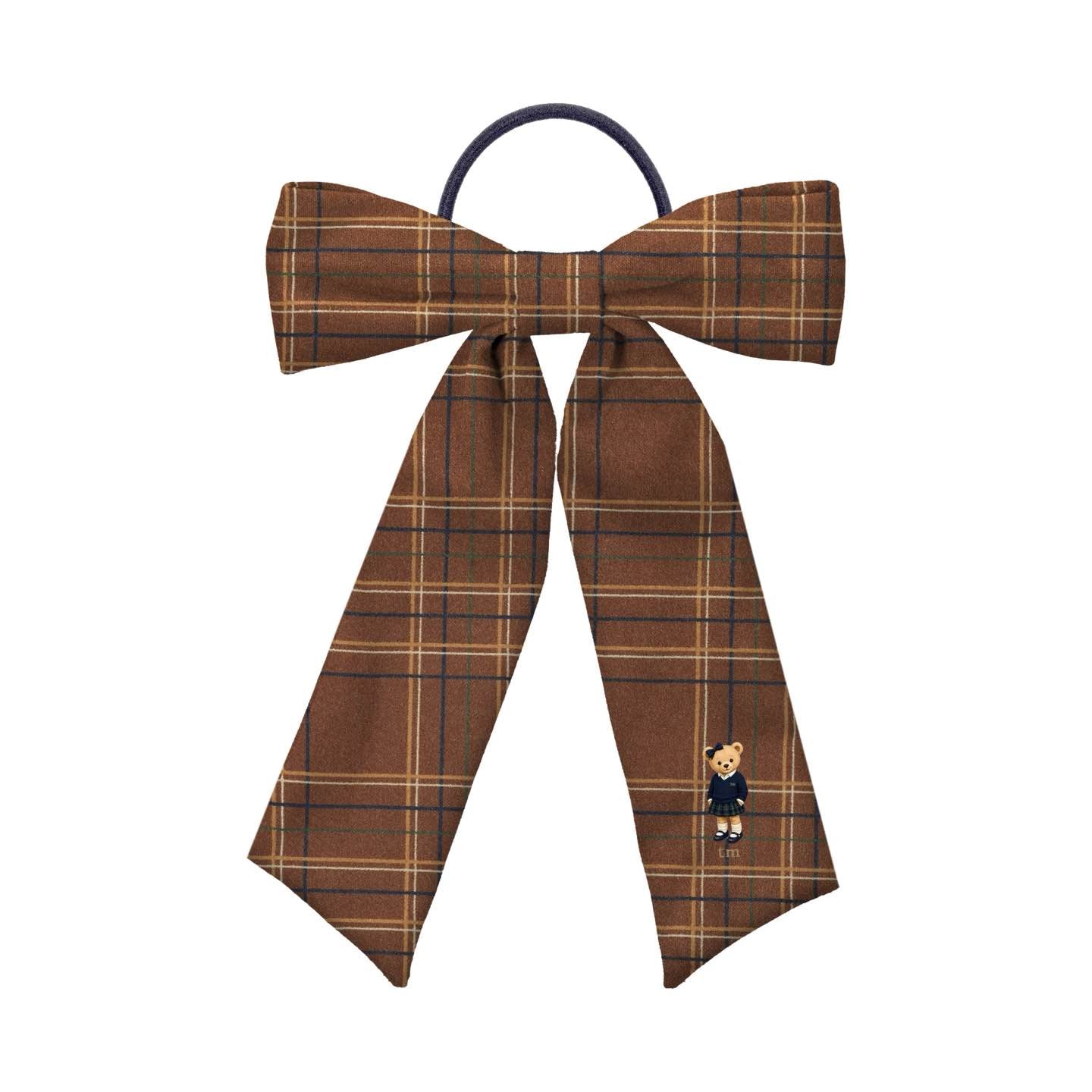 FW26 Tartan Bear Patch Printed Collection Long Tail Bow Sewn onto Pony Holder (Brown)